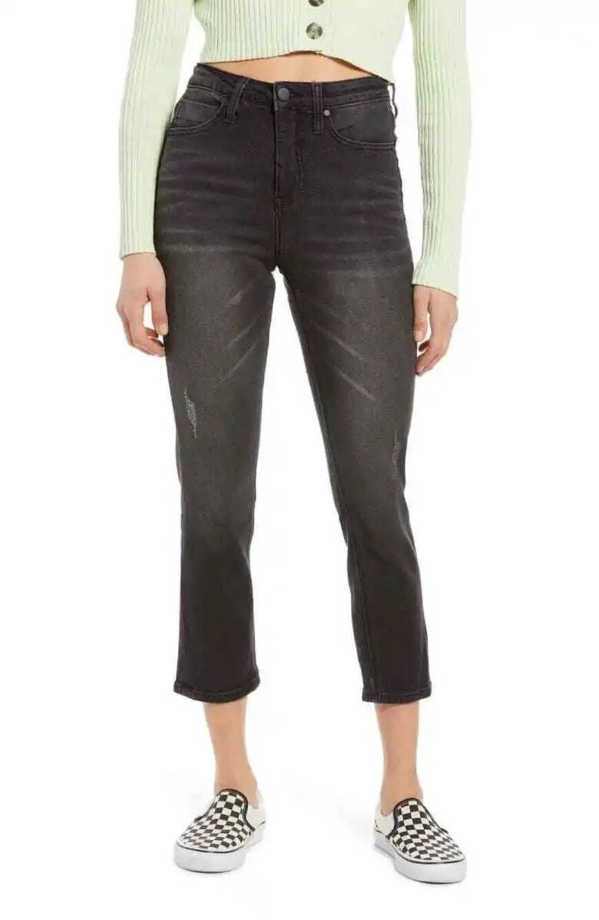 BP Nordstrom Women's Black High Rise Straight Leg Crop Jeans - 28 - Distressed